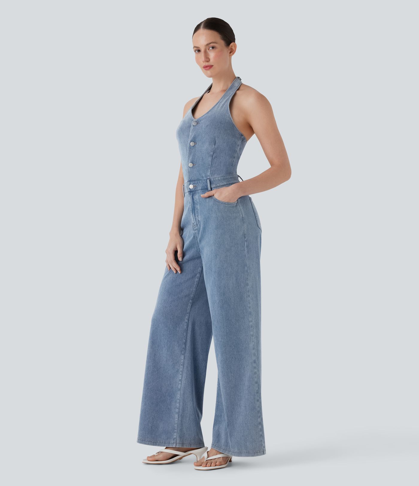 Halara Flex™ Halter Wide Leg Denim Casual Jumpsuit with Pockets