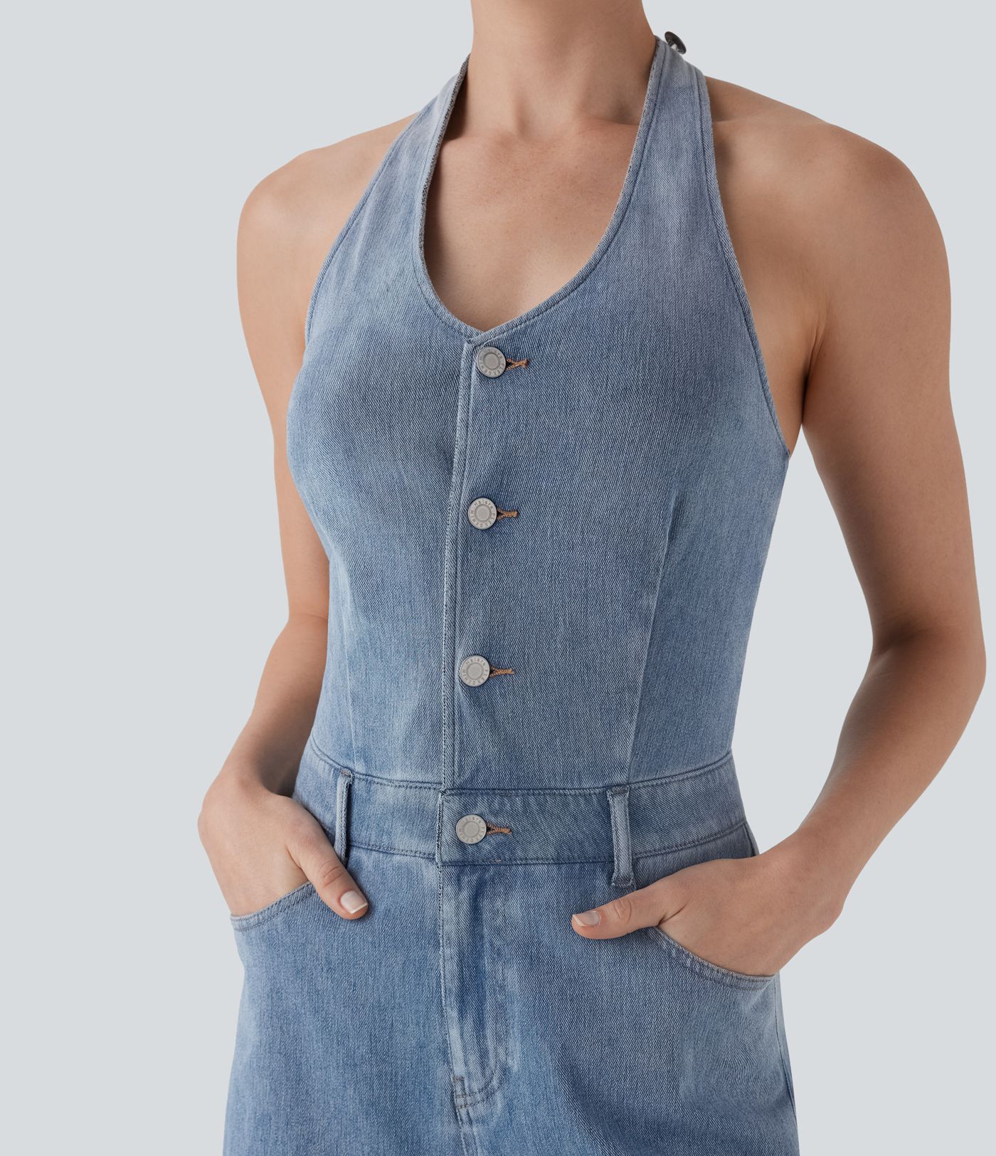 Halara Flex™ Halter Wide Leg Denim Casual Jumpsuit with Pockets