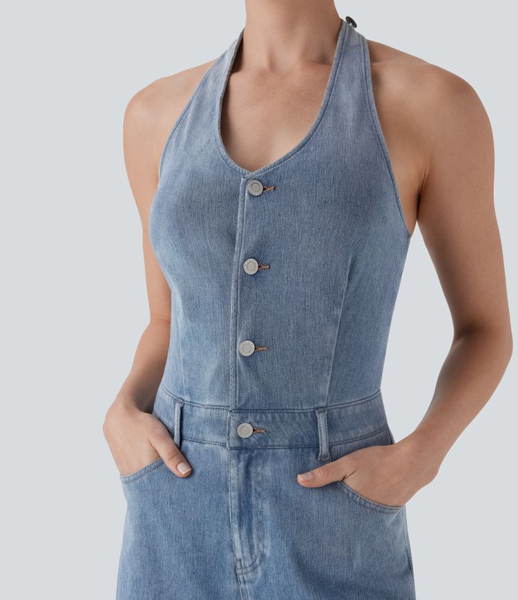 Halara Flex™ Halter Wide Leg Denim Casual Jumpsuit with Pockets
