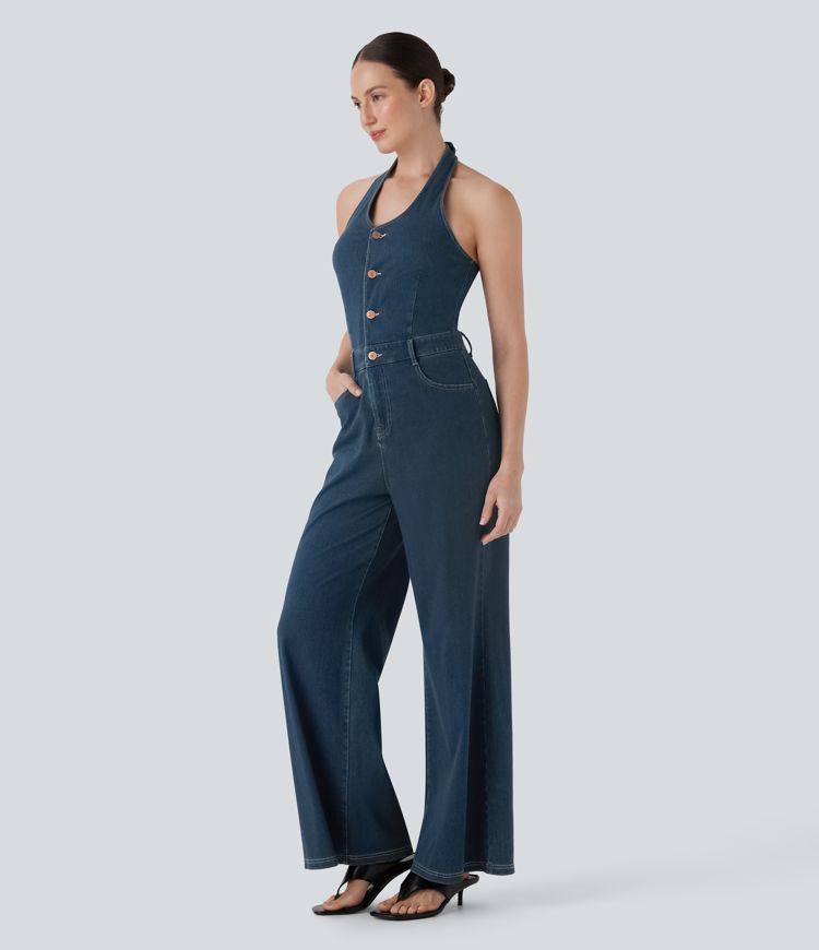 Halara Flex™ - Rückenfreier Overall aus elastischem Strick-Denim mit mehreren Taschen und weitem Bein