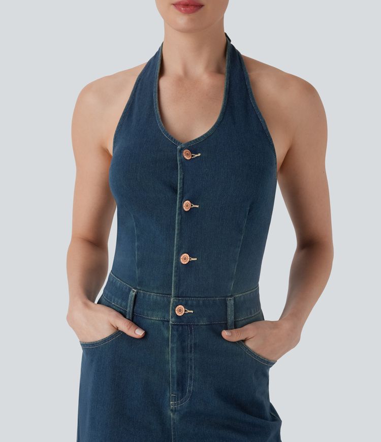 Halara Flex™ - Rückenfreier Overall aus elastischem Strick-Denim mit mehreren Taschen und weitem Bein