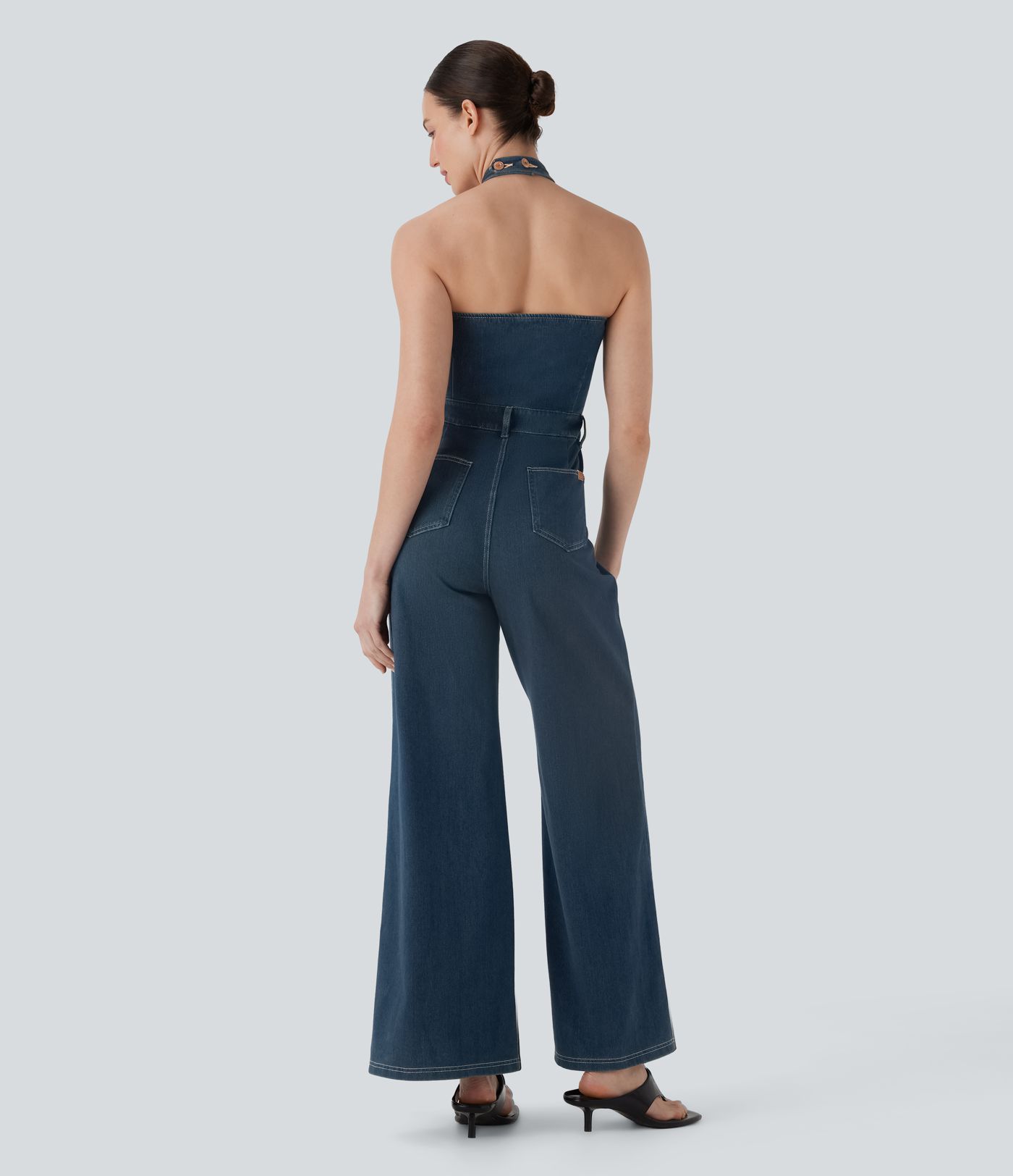 Halara Flex™ - Rückenfreier Overall aus elastischem Strick-Denim mit mehreren Taschen und weitem Bein