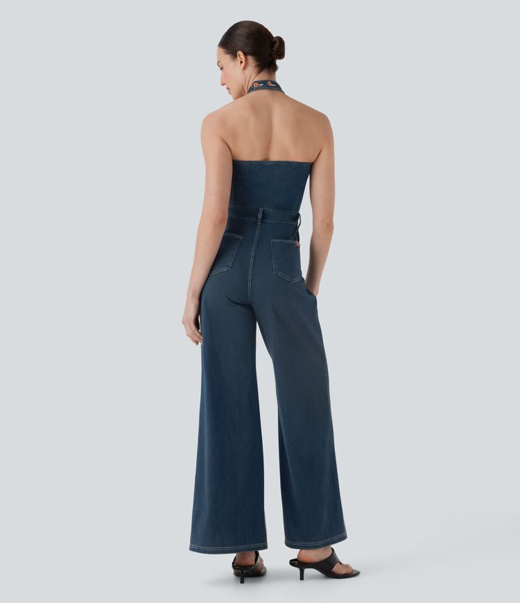 Halara Flex™ - Rückenfreier Overall aus elastischem Strick-Denim mit mehreren Taschen und weitem Bein