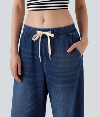 Jean ample en denim extensible à taille basse avec cordon Halara Flex™ avec multiples poches