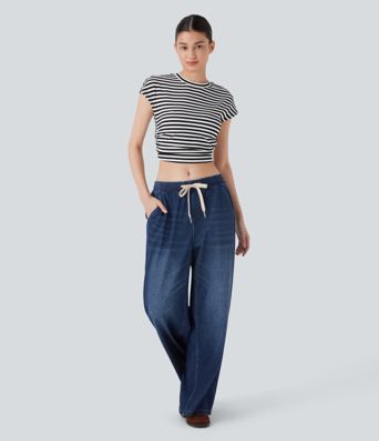 Jean ample en denim extensible à taille basse avec cordon Halara Flex™ avec multiples poches