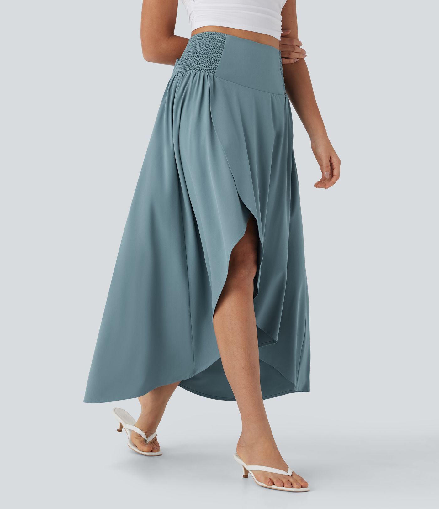 Breezeful™ High Waisted Shirred Tie Back Crossover 2-in-1 Flowy Quick Dry Casual Skirt with Pockets