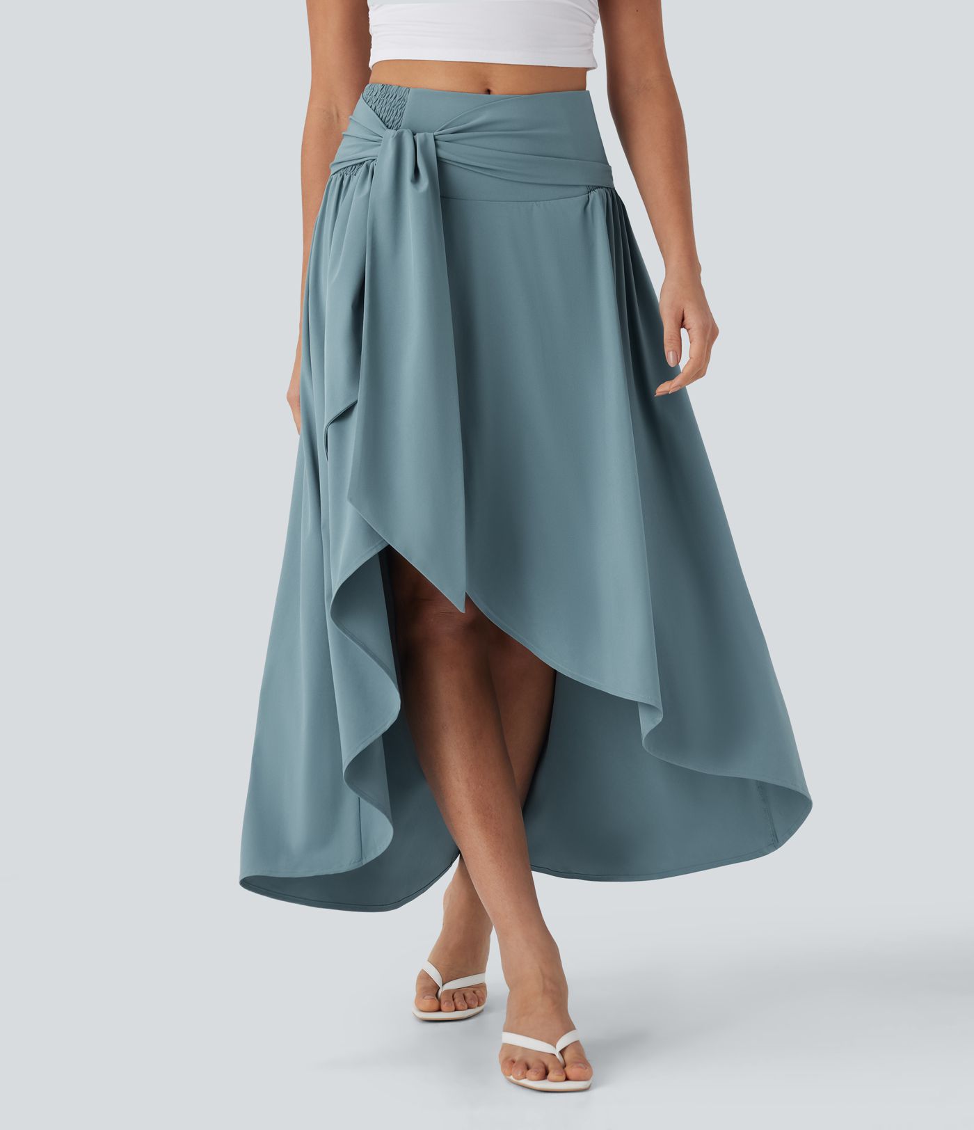 Breezeful™ High Waisted Shirred Tie Back Crossover 2-in-1 Flowy Quick Dry Casual Skirt with Pockets