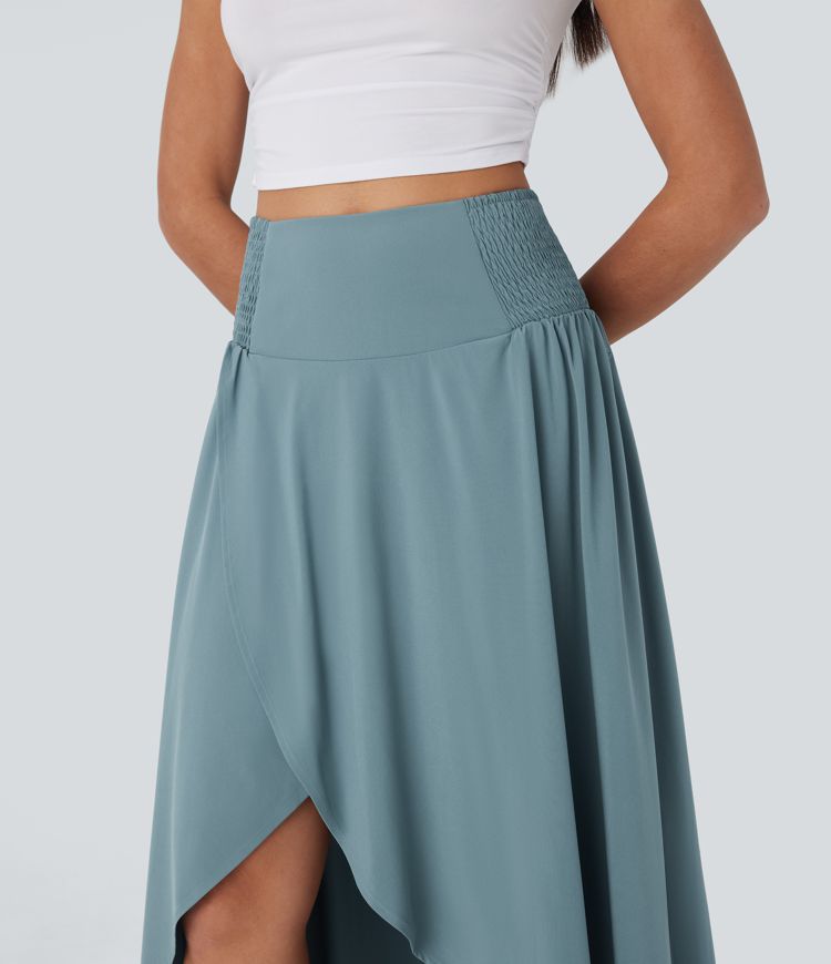 Breezeful™ High Waisted Shirred Tie Back Crossover 2-in-1 Flowy Quick Dry Casual Skirt with Pockets
