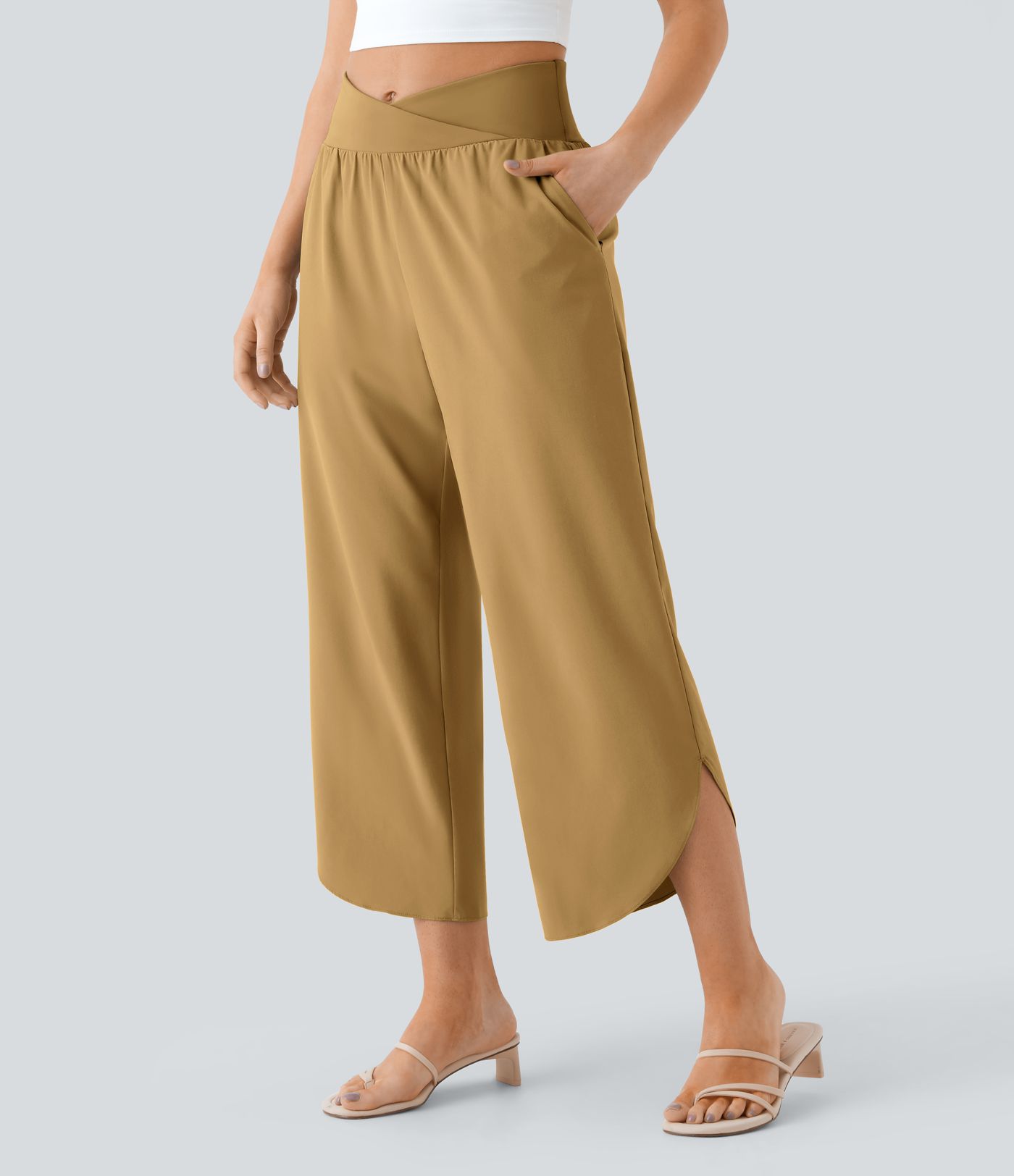 Breezeful™ Pantalon Fluide Vacances Séchage Rapide Taille Haute Croisée Poches Latérales Plissées Fente Breezeful™ Pantalon Fluide Vacances Séchage Rapide Taille Haute Croisée Poches Latérales Plissées Fente