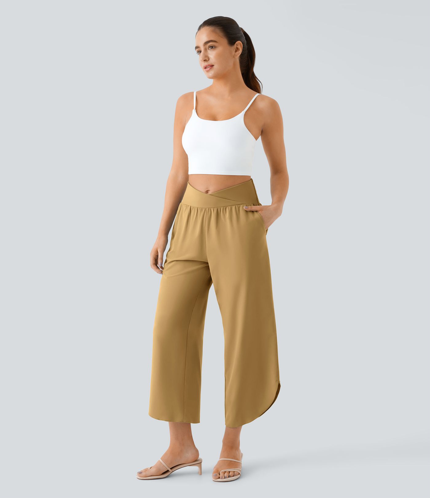 Breezeful™ Pantalon Fluide Vacances Séchage Rapide Taille Haute Croisée Poches Latérales Plissées Fente Breezeful™ Pantalon Fluide Vacances Séchage Rapide Taille Haute Croisée Poches Latérales Plissées Fente
