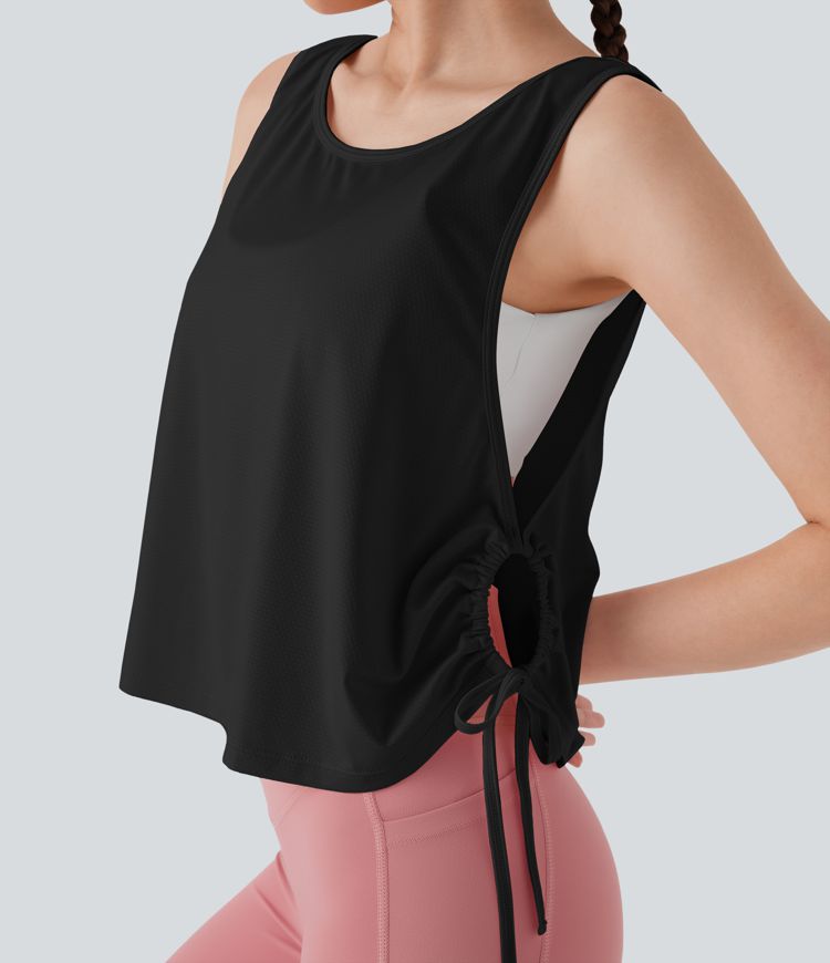 Jacquard Drawstring Curved Hem Yoga Tank Top