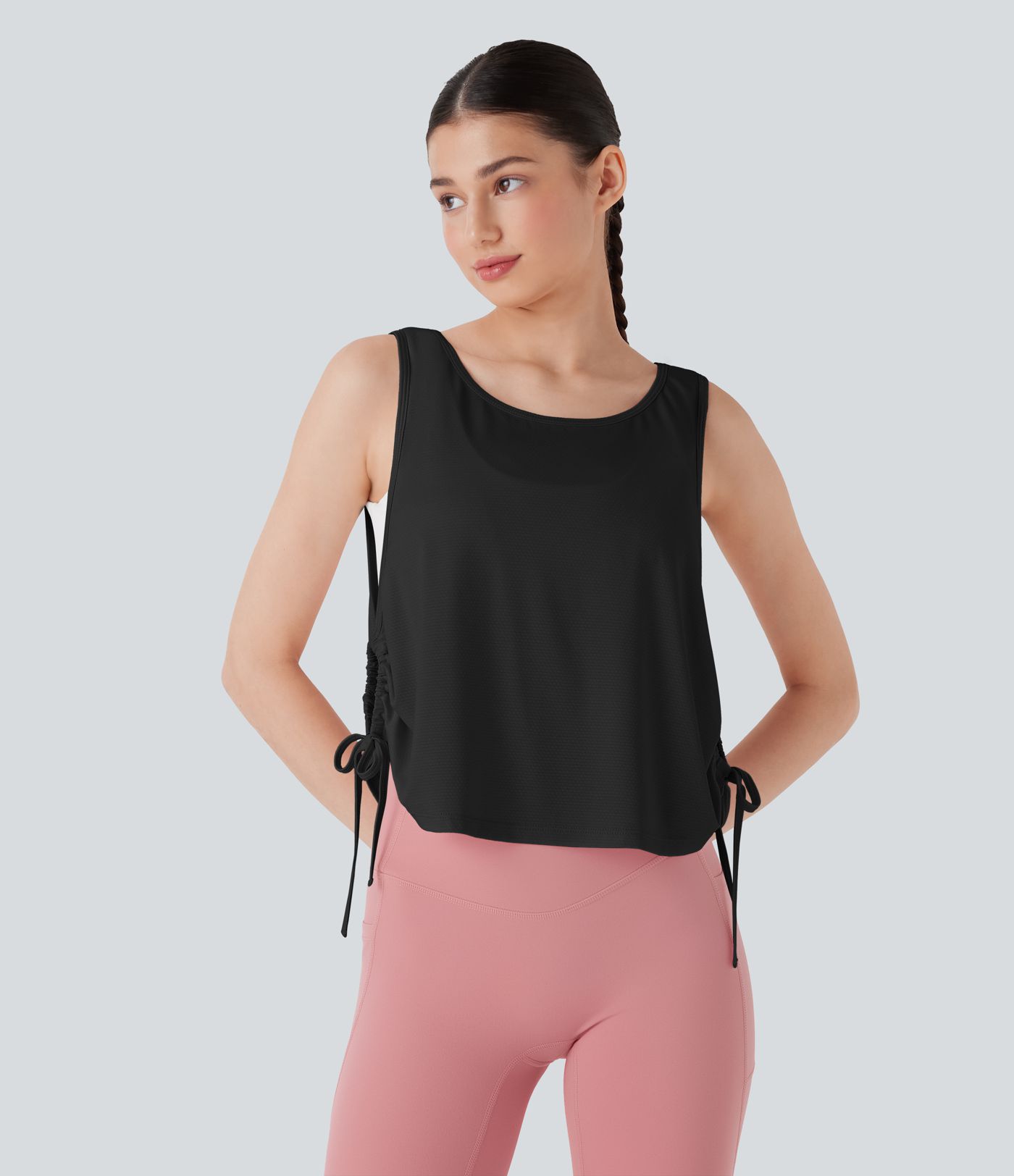 Jacquard Drawstring Curved Hem Yoga Tank Top