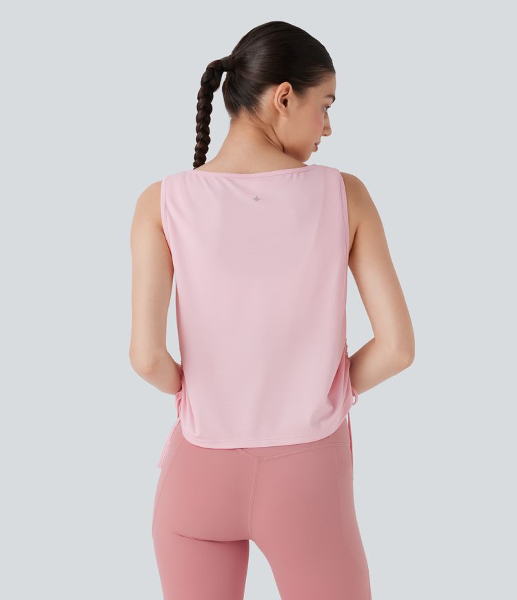 Jacquard Drawstring Curved Hem Yoga Tank Top