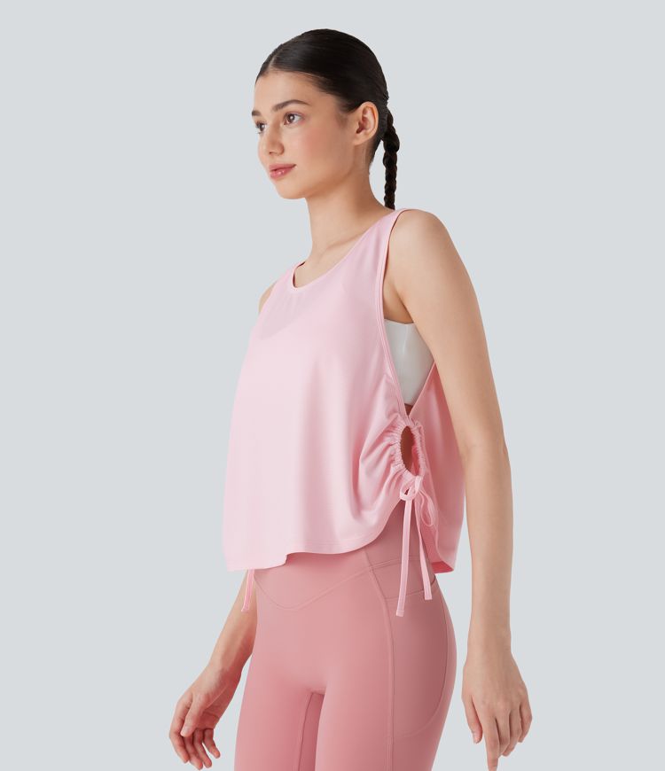 Jacquard Drawstring Curved Hem Yoga Tank Top