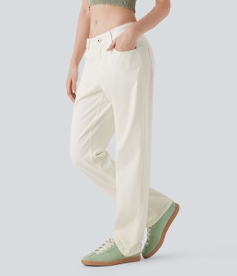 Halara Flex™ Low Rise Zipper Pockets Straight Leg Washed Casual Jeans