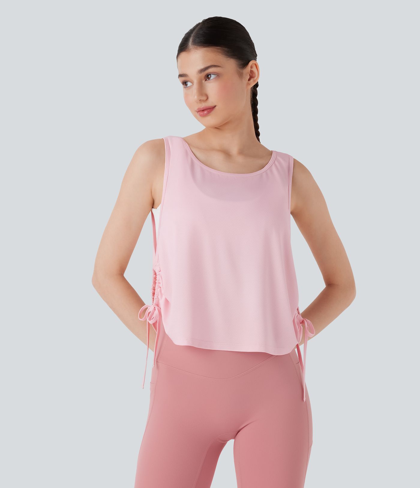 Jacquard Drawstring Curved Hem Yoga Tank Top
