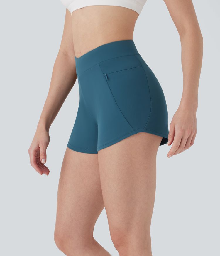 Crossover Mid Rise Yoga Shorts with Zipper Pockets