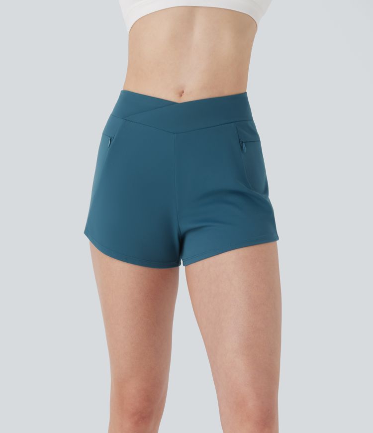 Crossover Mid Rise Yoga Shorts with Zipper Pockets