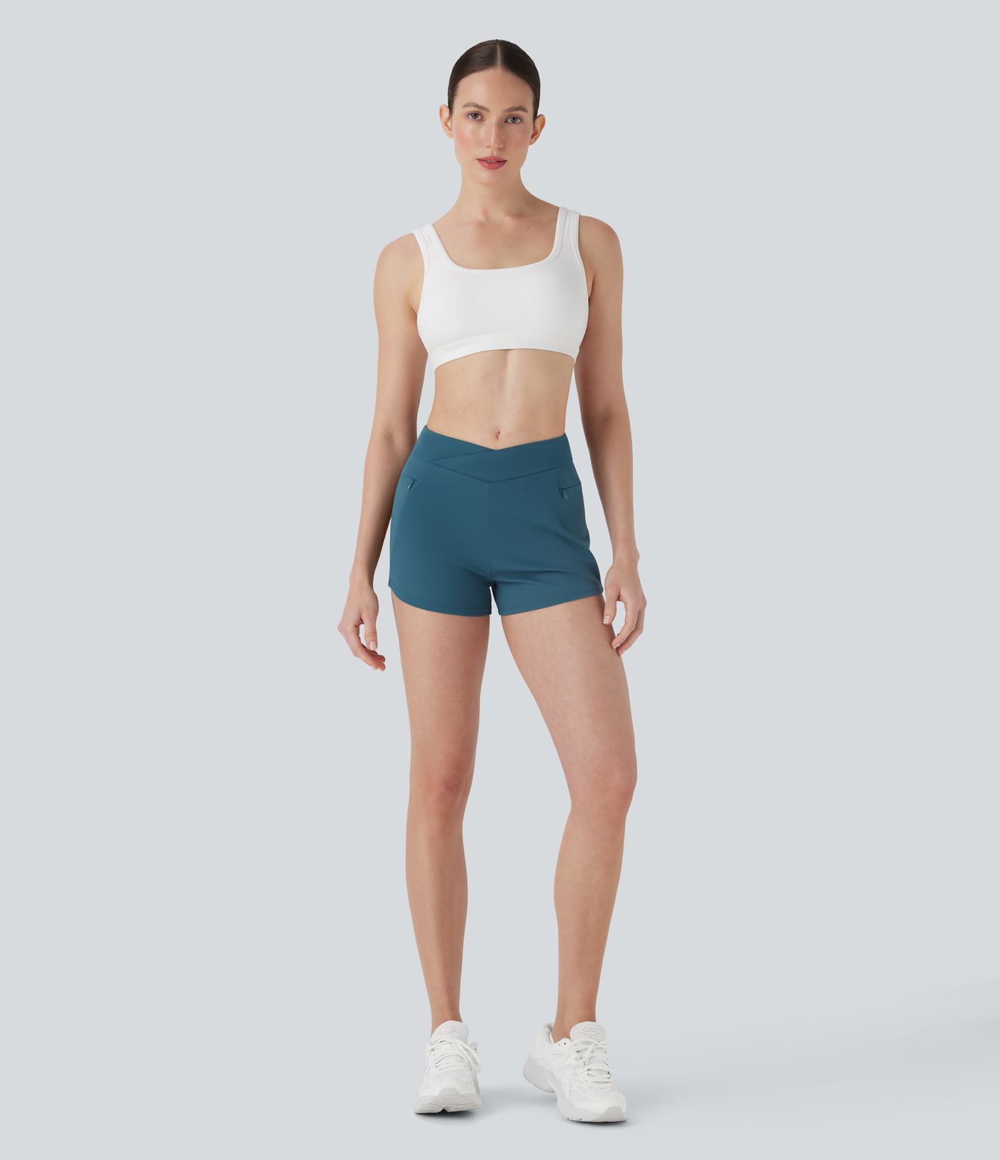 Crossover Mid Rise Yoga Shorts with Zipper Pockets