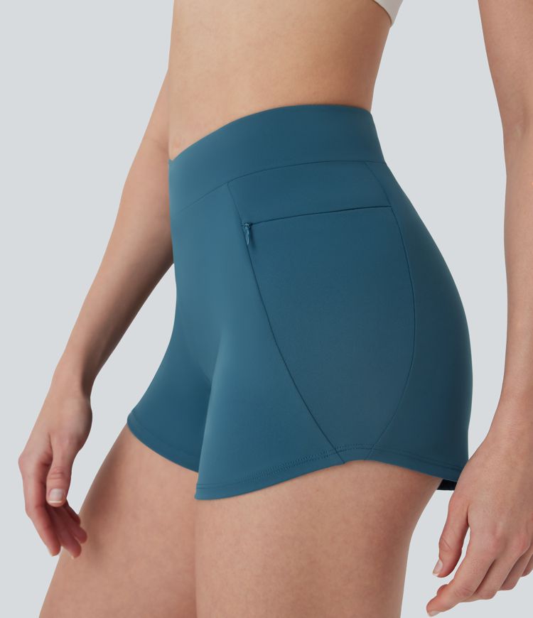 Crossover Mid Rise Yoga Shorts with Zipper Pockets