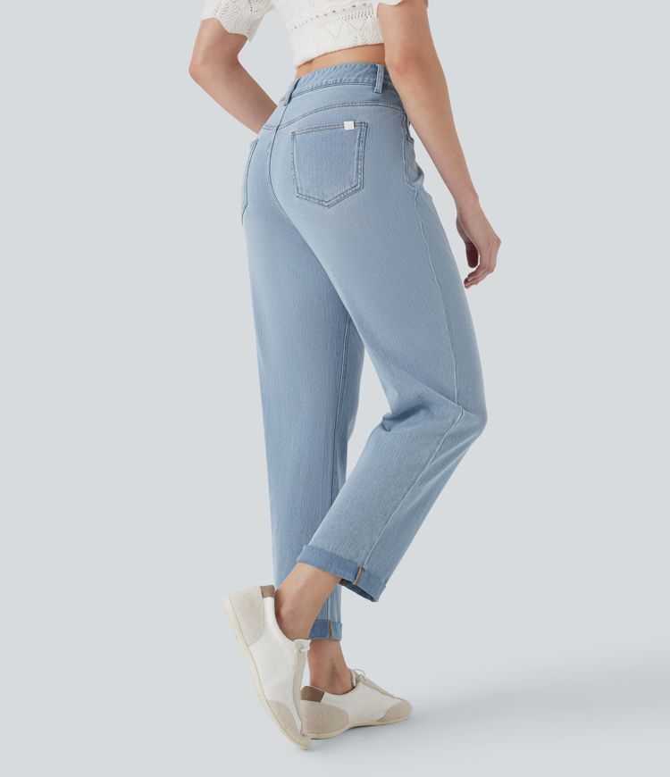 Halara Flex™ Mid Rise Straight Leg Washed Stretchy Knit Casual Jeans with Multiple Pockets