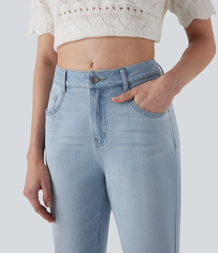 Halara Flex™ Mid Rise Straight Leg Washed Stretchy Knit Casual Jeans with Multiple Pockets