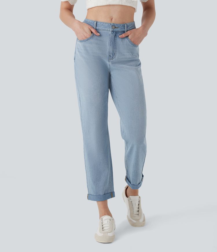 Halara Flex™ Mid Rise Straight Leg Washed Stretchy Knit Casual Jeans with Multiple Pockets