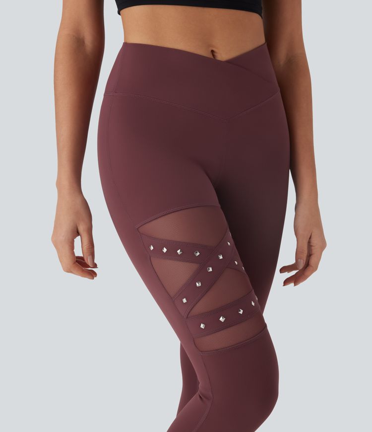 DayStretch High Waisted Crossover Contrast Mesh Studded Yoga Leggings with Pocket