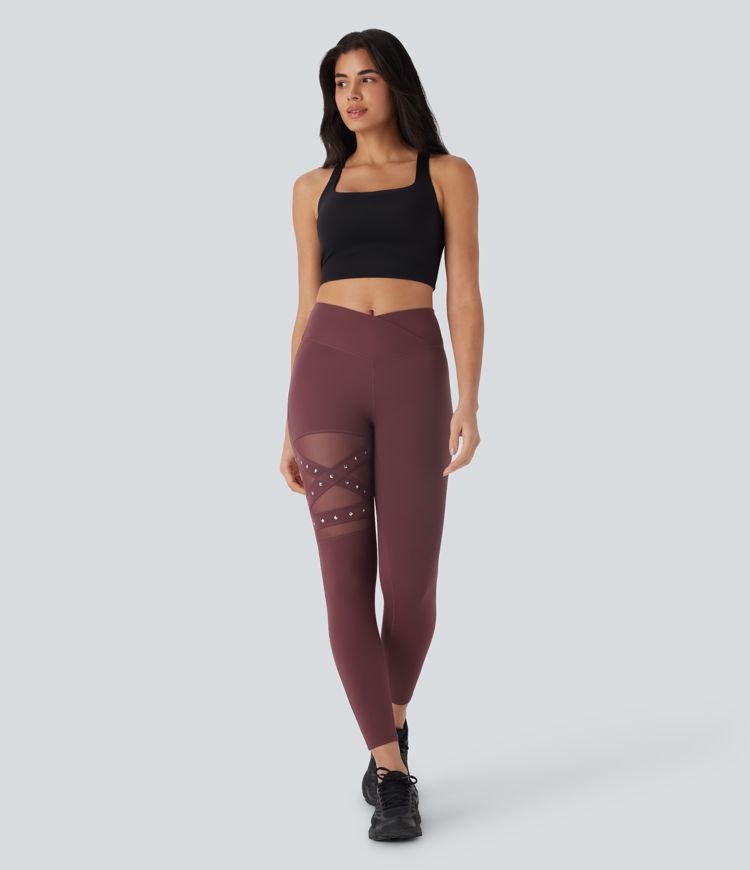 DayStretch High Waisted Crossover Contrast Mesh Studded Yoga Leggings with Pocket