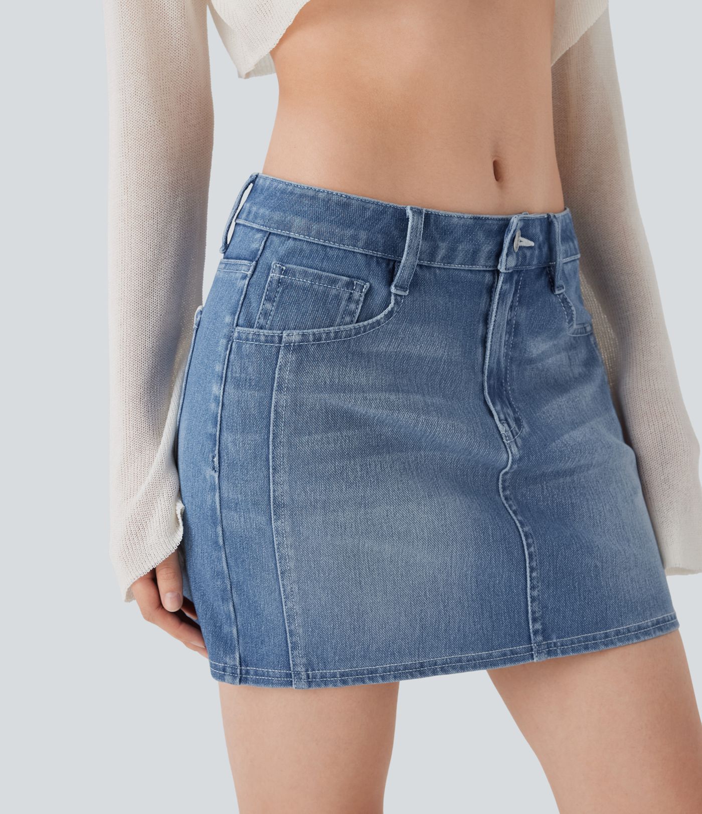 Halara Flex™ Mid Rise Stretchy Knit Denim Mini Casual Rock mit mehreren Taschen