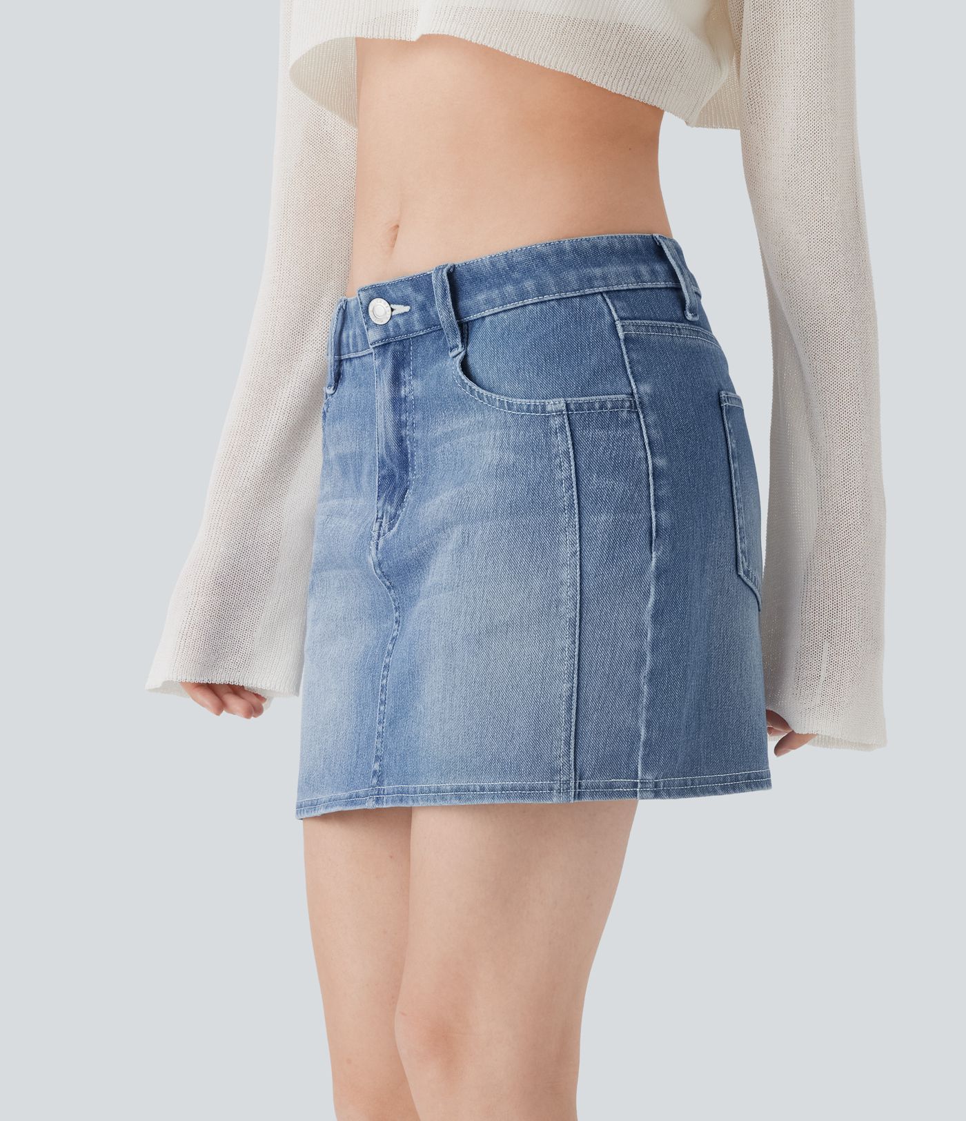 Halara Flex™ Mid Rise Stretchy Knit Denim Mini Casual Rock mit mehreren Taschen