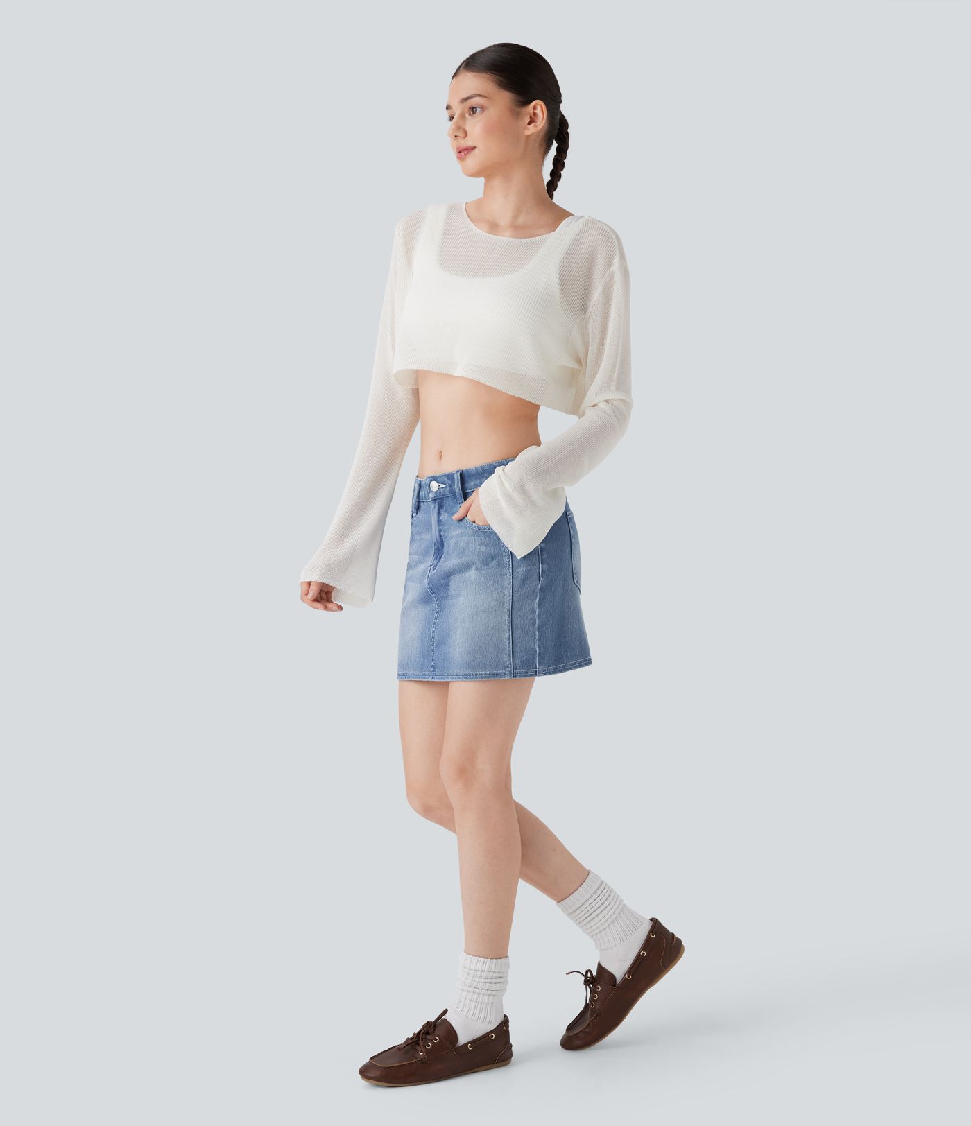 Halara Flex™ Mid Rise Stretchy Knit Denim Mini Casual Rock mit mehreren Taschen