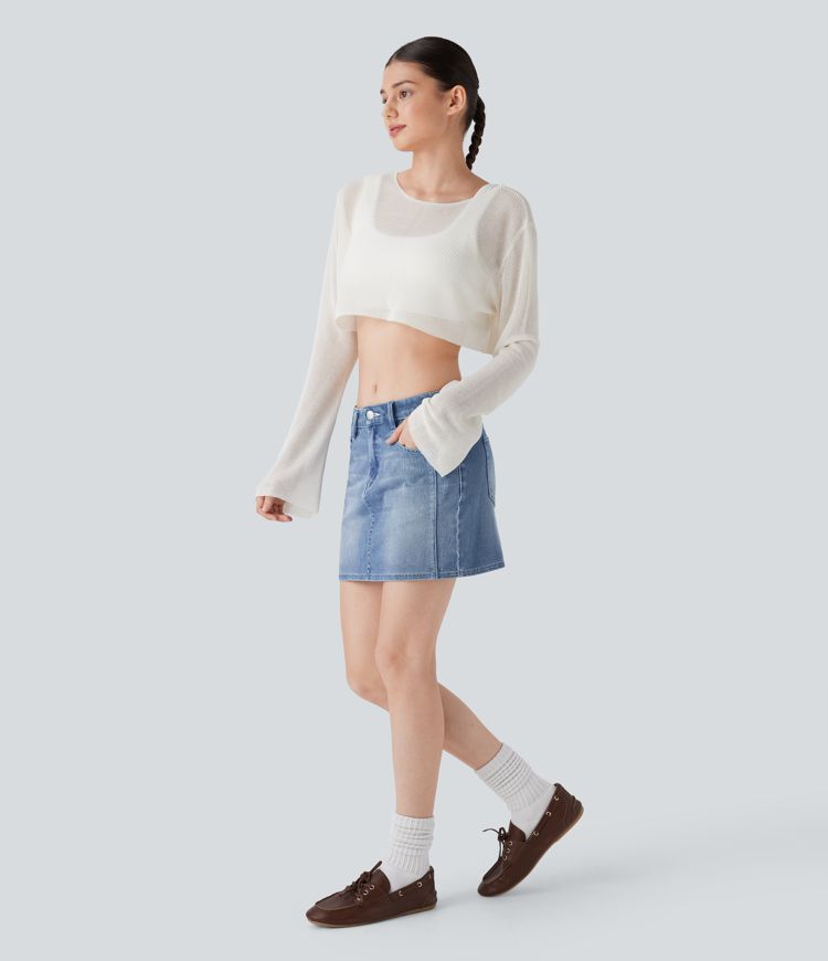 Halara Flex™ Mid Rise Stretchy Knit Denim Mini Casual Rock mit mehreren Taschen