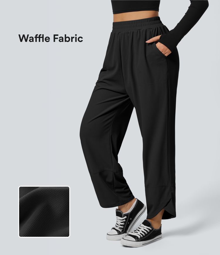High Waisted Elastic Waist Side Pocket Crossover Hem Solid Waffle Straight Leg Casual Pants