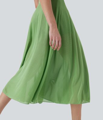 High Waisted Drawstring Contrast Mesh 2-in-1 Pocket Flowy Midi Flare Casual Skirt