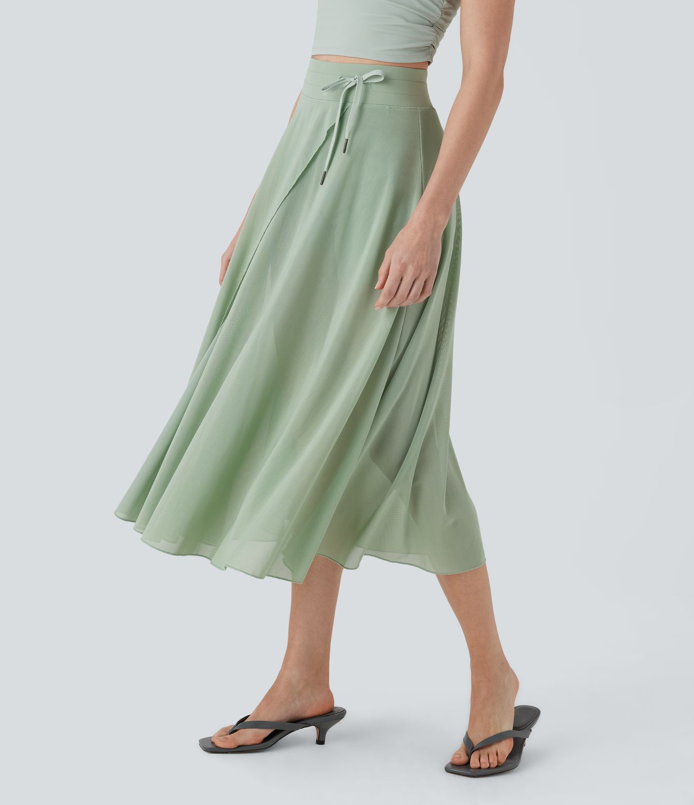 High Waisted Drawstring Contrast Mesh 2-in-1 Pocket Flowy Midi Flare Casual Skirt