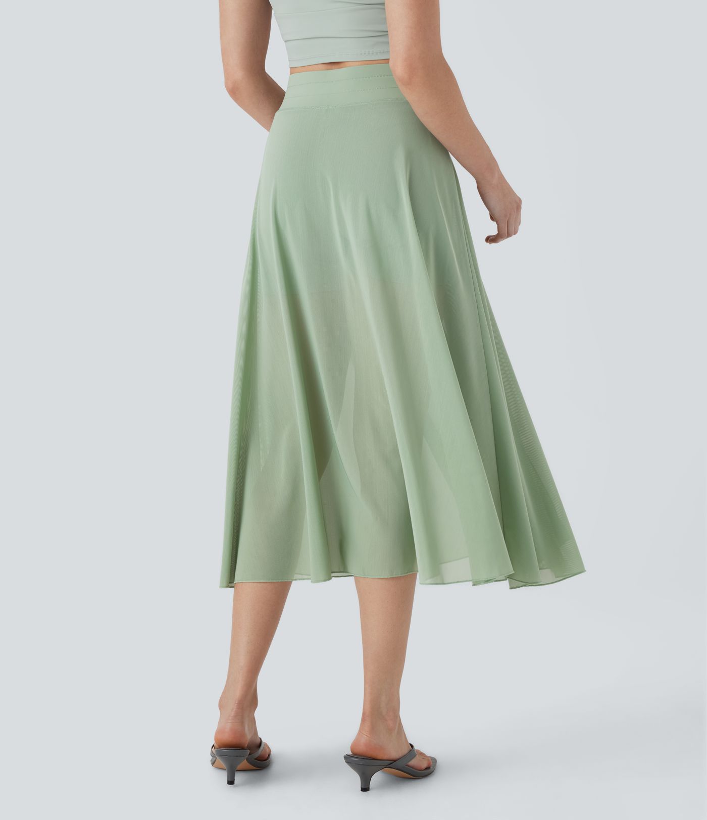 High Waisted Drawstring Contrast Mesh 2-in-1 Pocket Flowy Midi Flare Casual Skirt