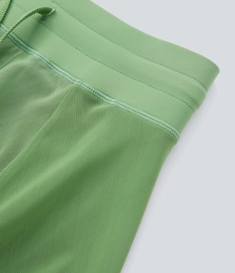 High Waisted Drawstring Contrast Mesh 2-in-1 Pocket Flowy Midi Flare Casual Skirt