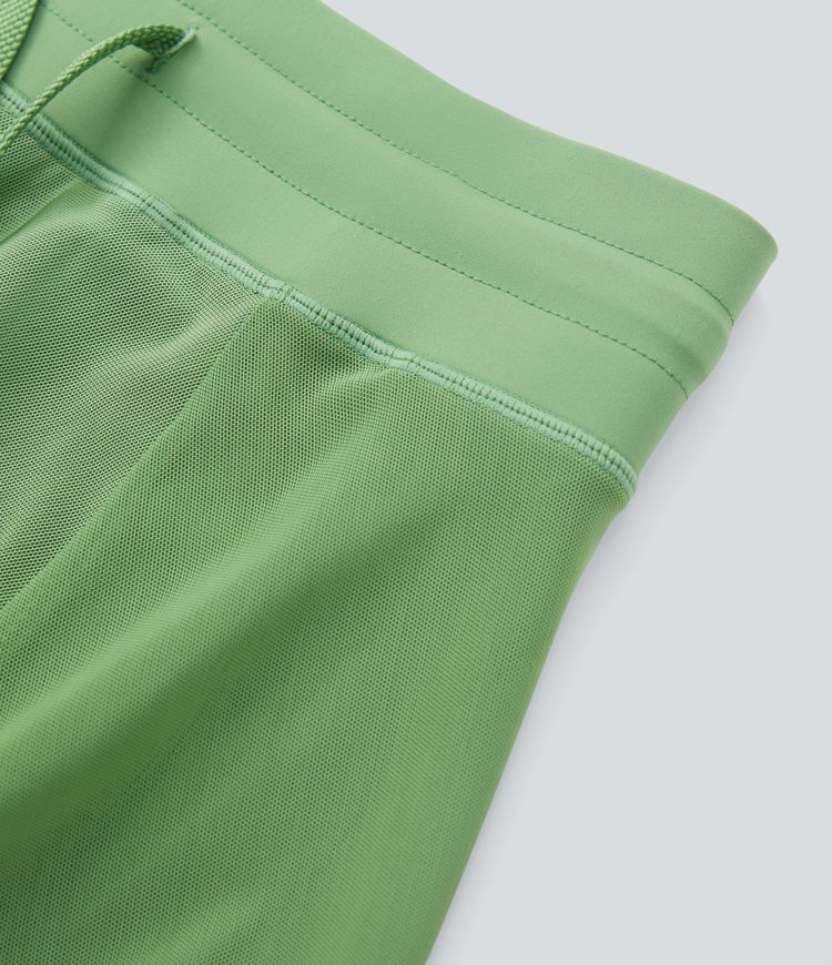 High Waisted Drawstring Contrast Mesh 2-in-1 Pocket Flowy Midi Flare Casual Skirt