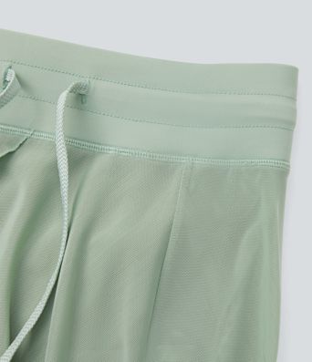 High Waisted Drawstring Contrast Mesh 2-in-1 Pocket Flowy Midi Flare Casual Skirt