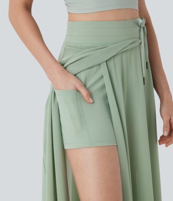 High Waisted Drawstring Contrast Mesh 2-in-1 Pocket Flowy Midi Flare Casual Skirt