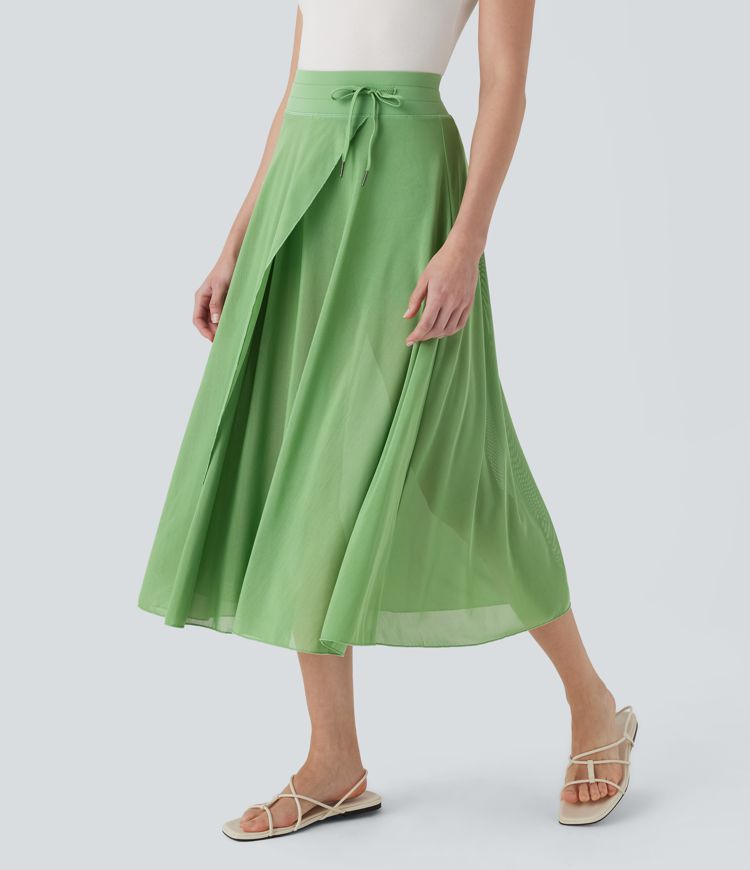 High Waisted Drawstring Contrast Mesh 2-in-1 Pocket Flowy Midi Flare Casual Skirt
