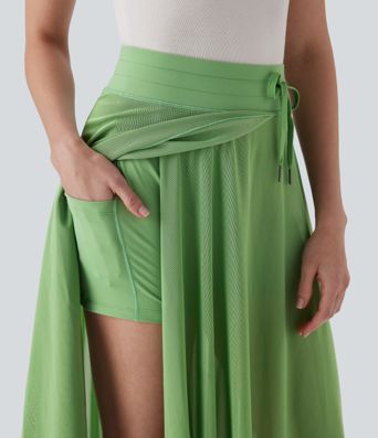 High Waisted Drawstring Contrast Mesh 2-in-1 Pocket Flowy Midi Flare Casual Skirt