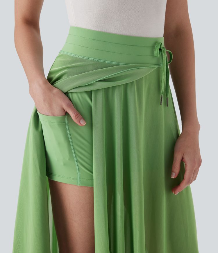 High Waisted Drawstring Contrast Mesh 2-in-1 Pocket Flowy Midi Flare Casual Skirt