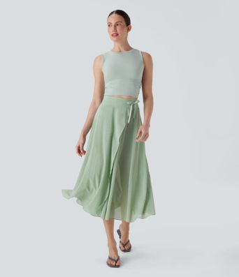 High Waisted Drawstring Contrast Mesh 2-in-1 Pocket Flowy Midi Flare Casual Skirt