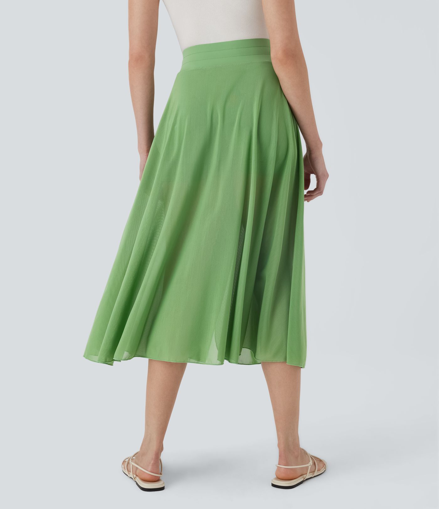 High Waisted Drawstring Contrast Mesh 2-in-1 Pocket Flowy Midi Flare Casual Skirt