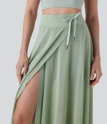 High Waisted Drawstring Contrast Mesh 2-in-1 Pocket Flowy Midi Flare Casual Skirt