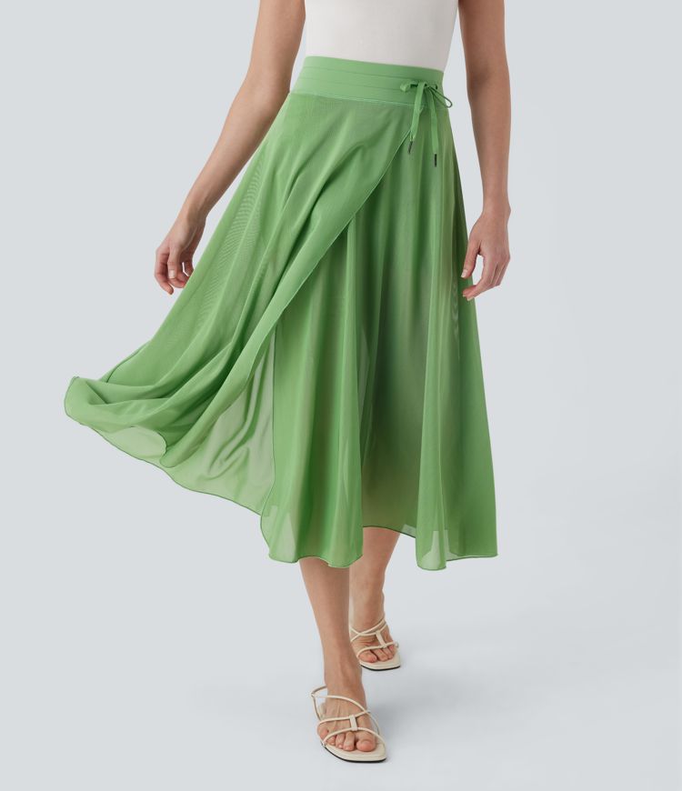 High Waisted Drawstring Contrast Mesh 2-in-1 Side Pocket Flowy Midi Flare Casual Skirt