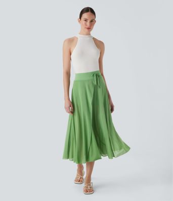 High Waisted Drawstring Contrast Mesh 2-in-1 Pocket Flowy Midi Flare Casual Skirt