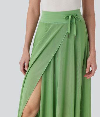 High Waisted Drawstring Contrast Mesh 2-in-1 Pocket Flowy Midi Flare Casual Skirt